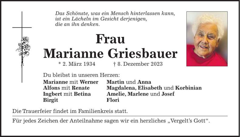 Traueranzeige Marianne Griesbauer
