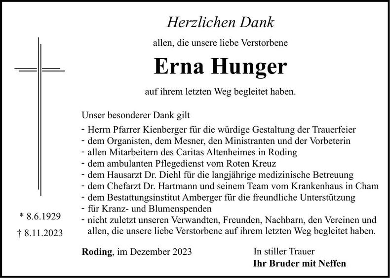Traueranzeige Erna Hunger