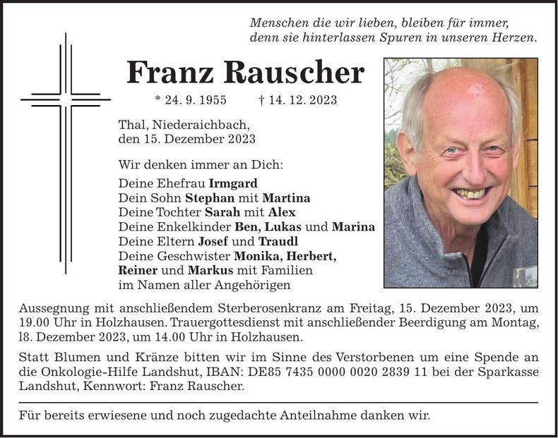 Traueranzeige Franz Rauscher