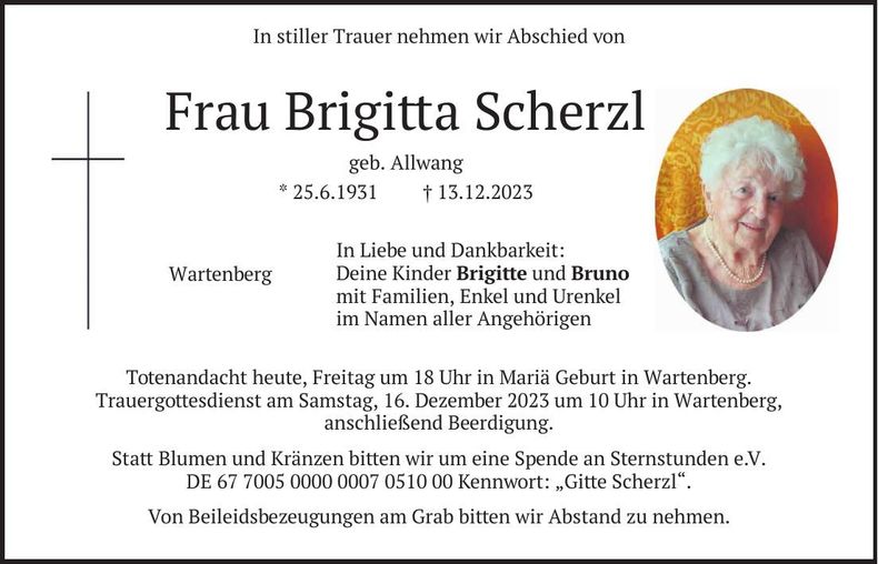 Traueranzeige Brigitta Scherzl