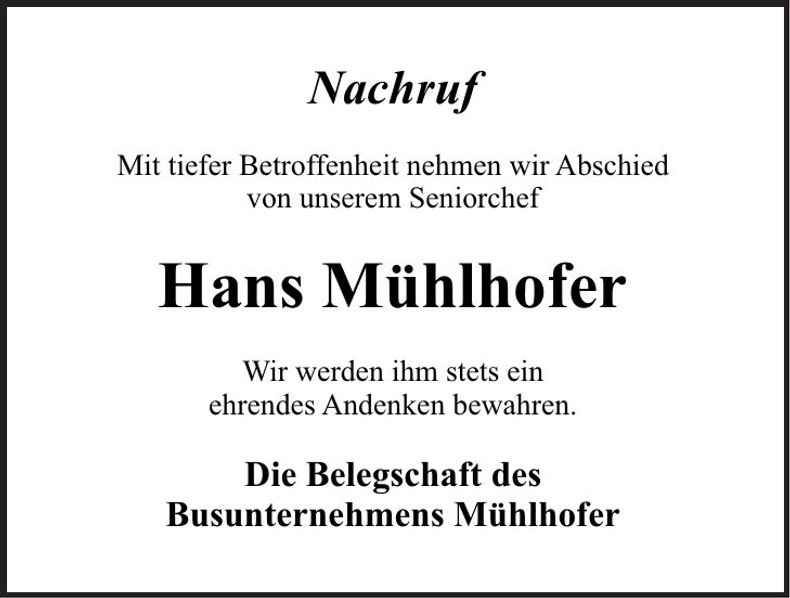Traueranzeige Hans Mühlhofer