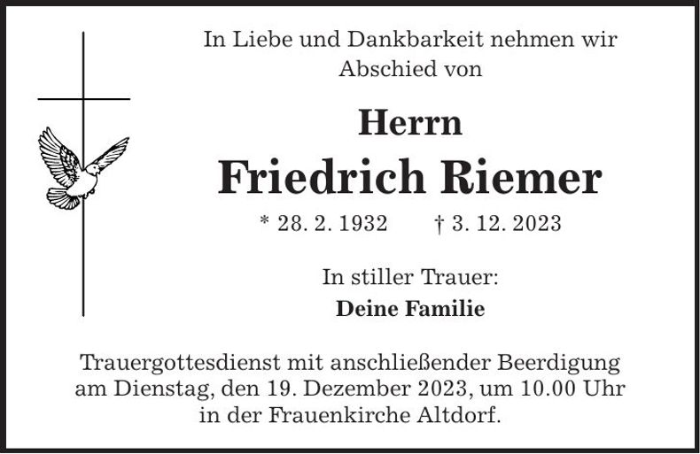 Traueranzeige Friedrich Riemer