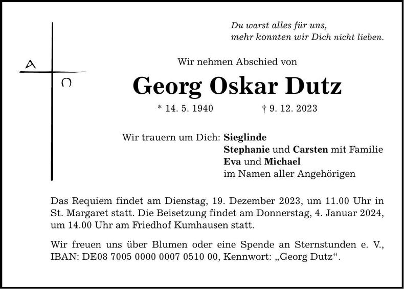 Traueranzeige Georg Dutz