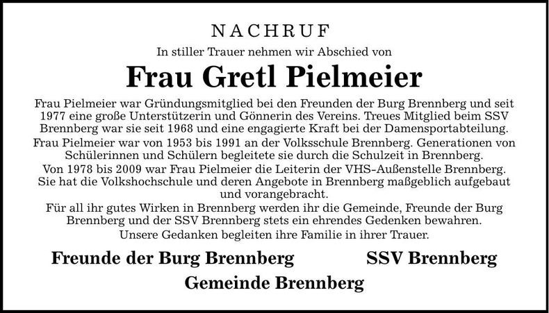 Traueranzeige Gretl Pielmeier