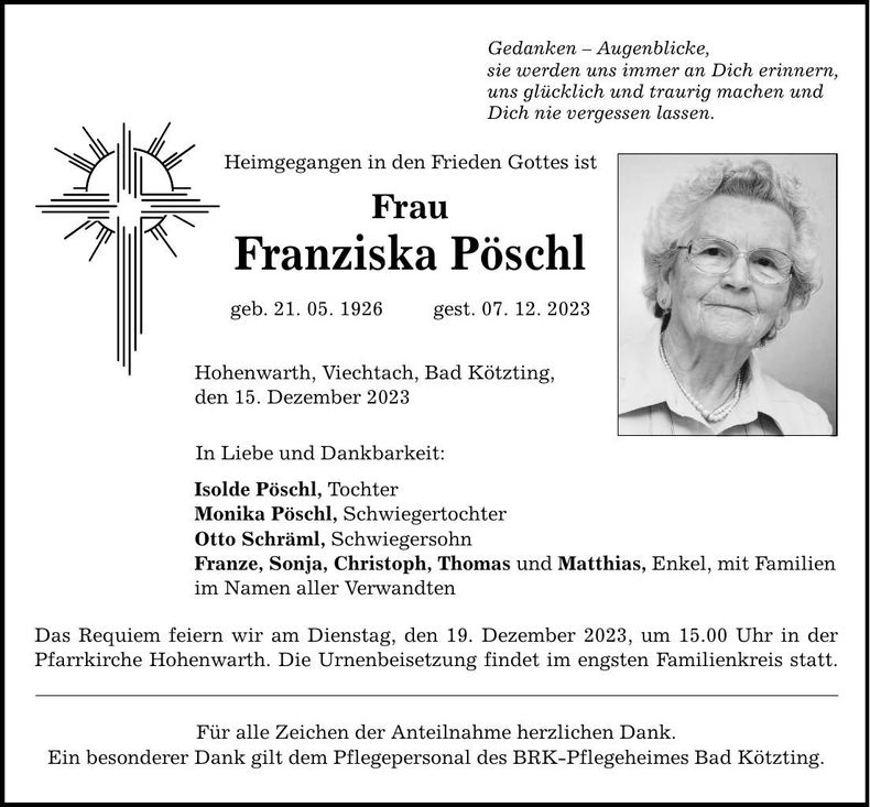 Traueranzeige Franziska Pöschl