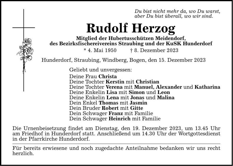 Traueranzeige Rudolf Herzog