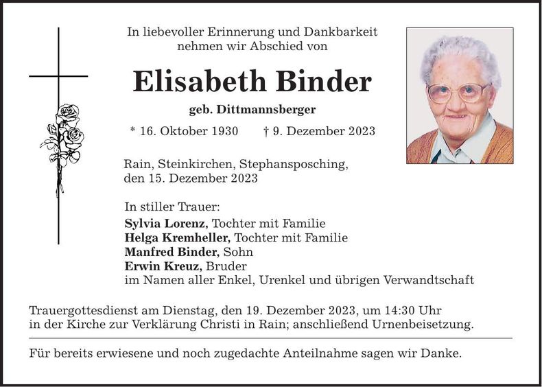 Traueranzeige Elisabeth Binder