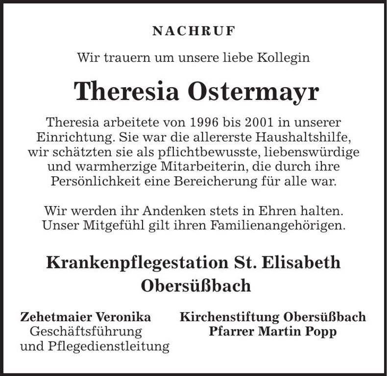 Traueranzeige Theresia Ostermayr