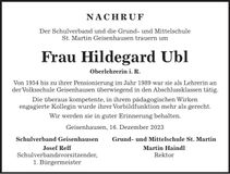 Traueranzeige Hildegard Ubl