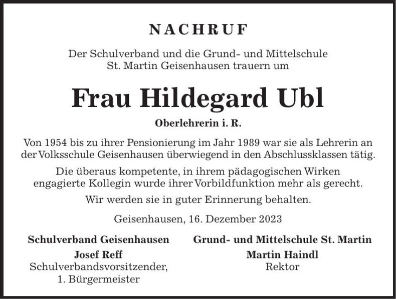 Traueranzeige Hildegard Ubl