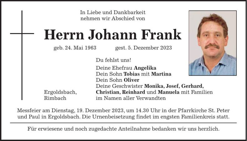 Traueranzeige Johann Frank