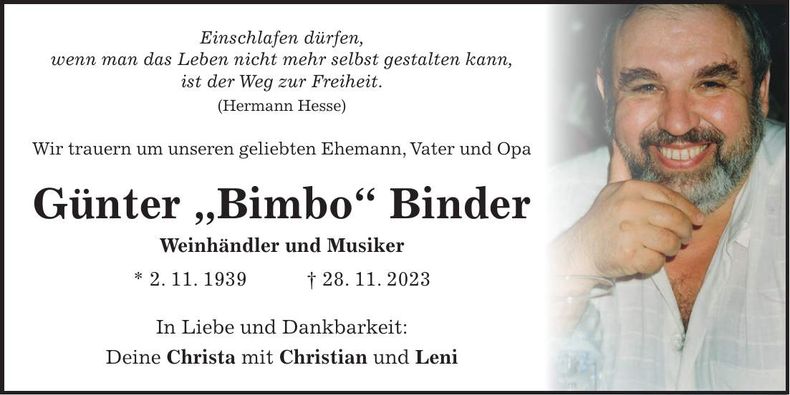 Traueranzeige Günter Binder