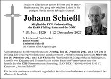 Traueranzeige Johann Schießl