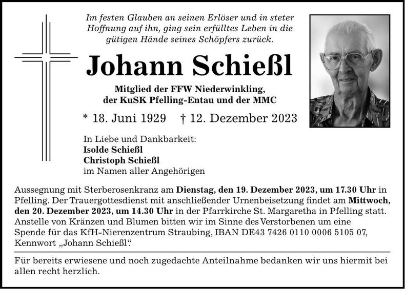 Traueranzeige Johann Schießl