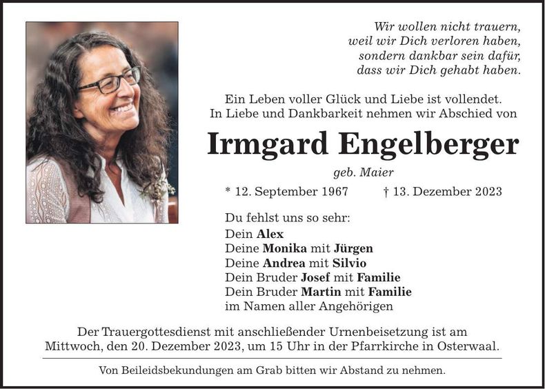Traueranzeige Irmgard Engelberger