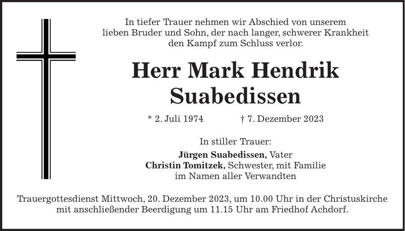 Traueranzeige Mark Hendrik Suabedissen