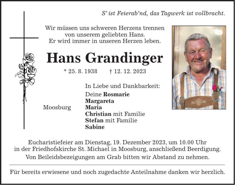 Traueranzeige Hans Grandinger