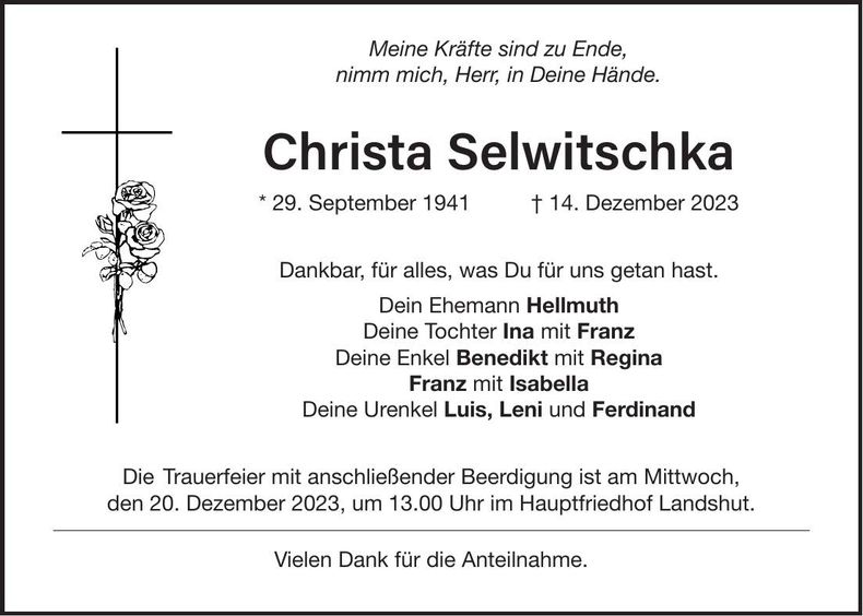 Traueranzeige Christa Selwitschka