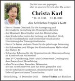 Traueranzeige Christa Karl