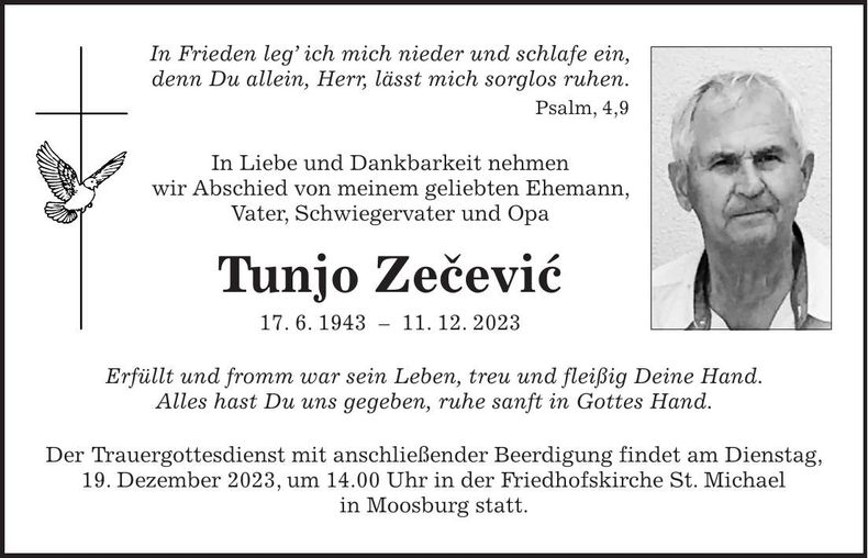 Traueranzeige Tunjo Zecevic