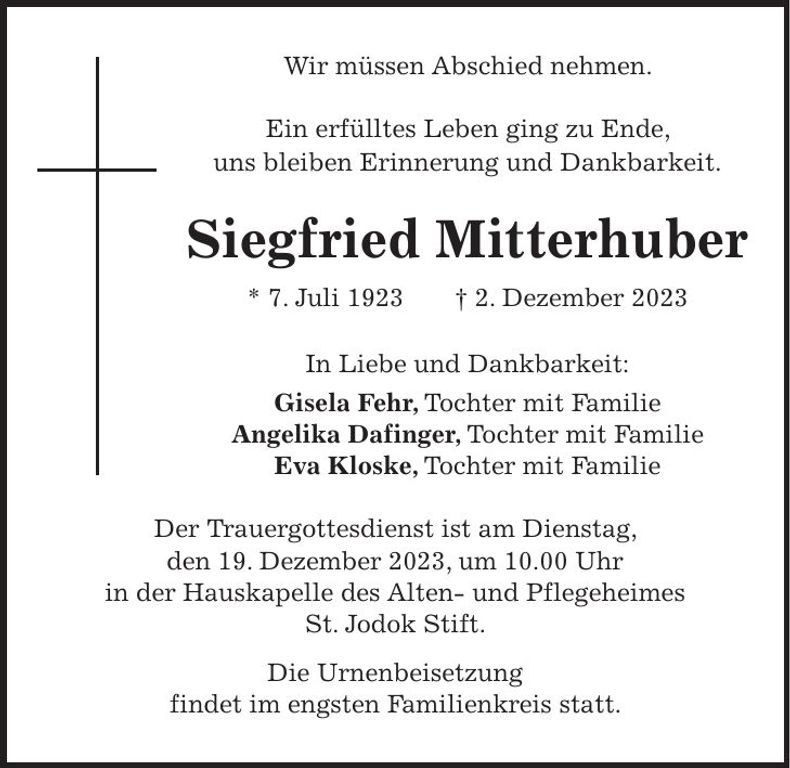 Traueranzeige Siegfried Mitterhuber