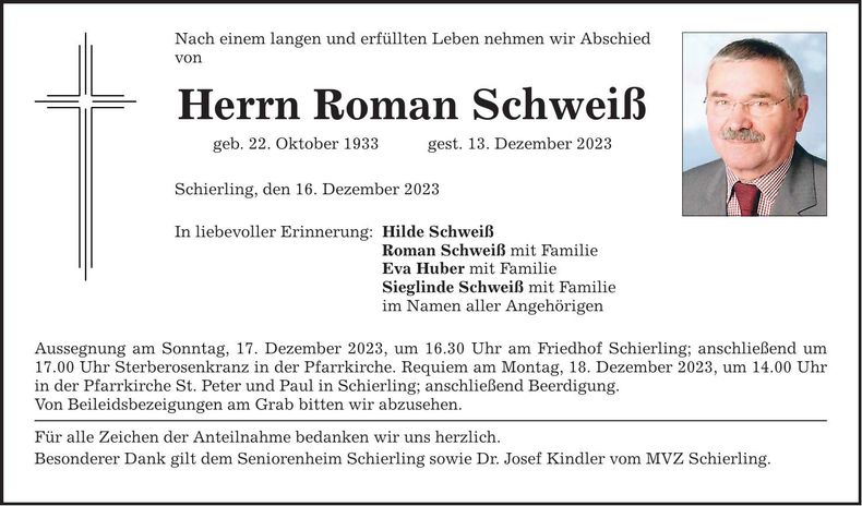 Traueranzeige Roman Schweiß