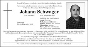 Traueranzeige Johann Schwager
