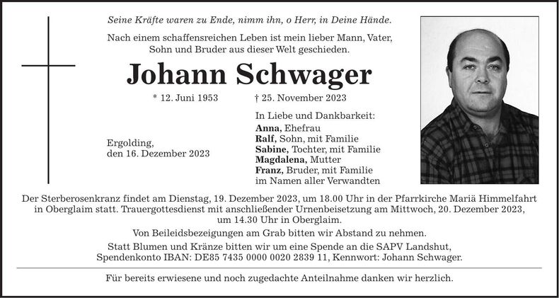 Traueranzeige Johann Schwager