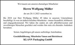 Traueranzeige Wolfgang Müller
