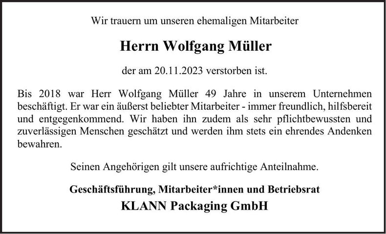Traueranzeige Wolfgang Müller