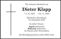 Traueranzeige Dieter Klapp