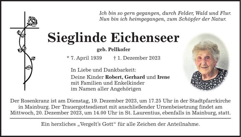 Traueranzeige Sieglinde Eichenseer