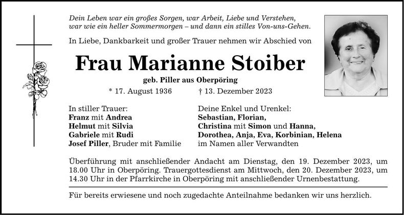 Traueranzeige Marianne Stoiber