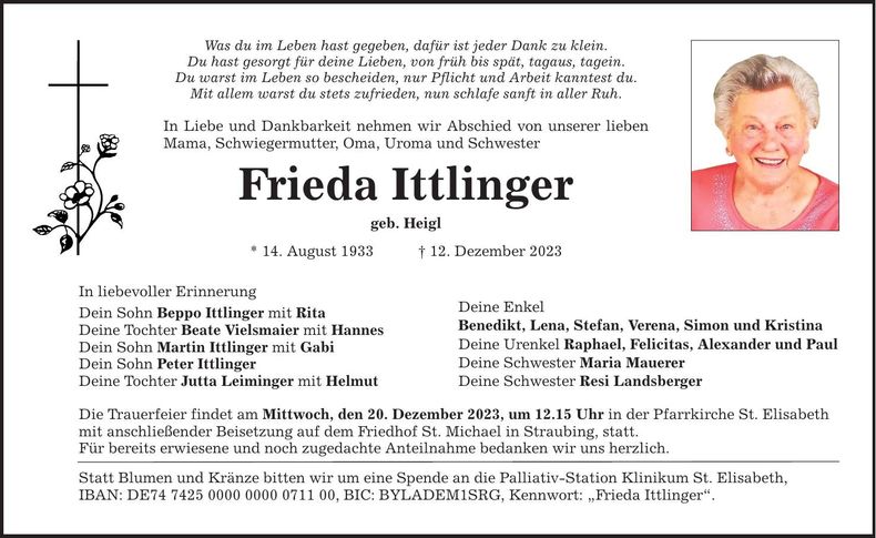 Traueranzeige Frieda Ittlinger