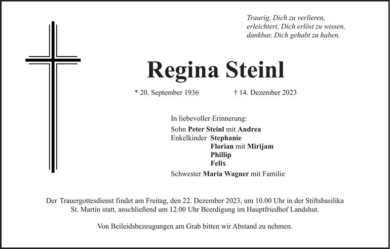Traueranzeige Regina Steinl