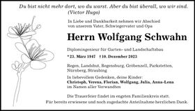 Traueranzeige Wolfgang Schwahn