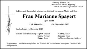 Traueranzeige Marianne Spagert
