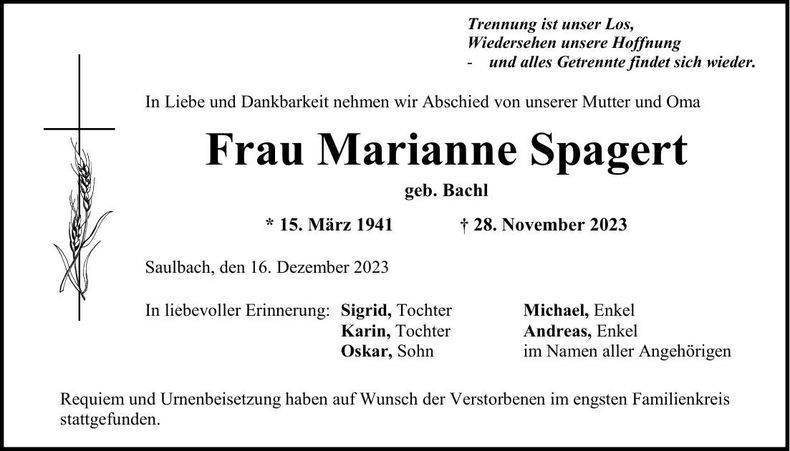 Traueranzeige Marianne Spagert