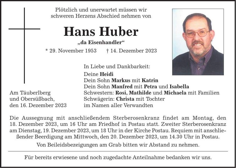 Traueranzeige Hans Huber