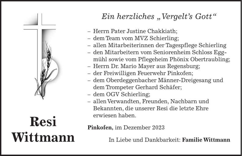 Traueranzeige Resi Wittmann