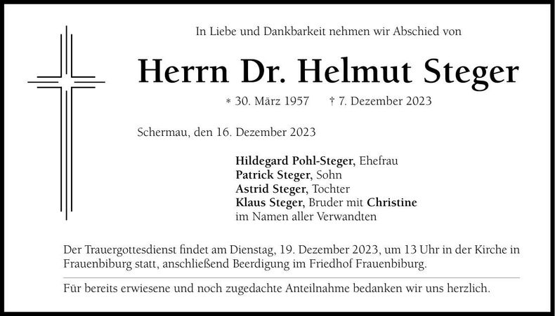 Traueranzeige Helmut Dr. Steger
