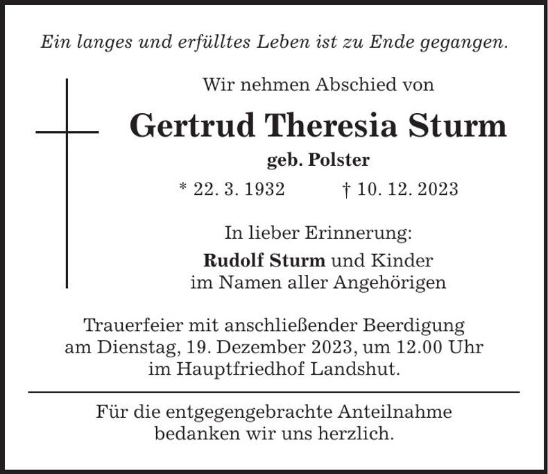Traueranzeige Gertrud Theresia Sturm