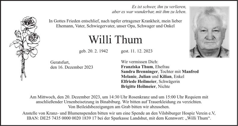 Traueranzeige Willi Thum