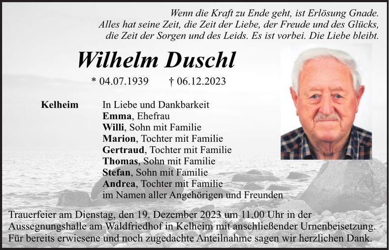 Traueranzeige Wilhelm Duschl