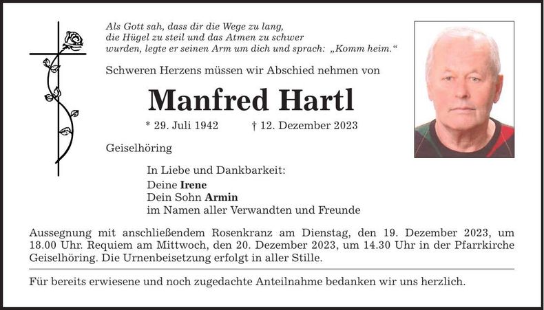 Traueranzeige Manfred Hartl