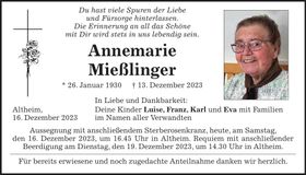 Traueranzeige Annemarie Mießlinger