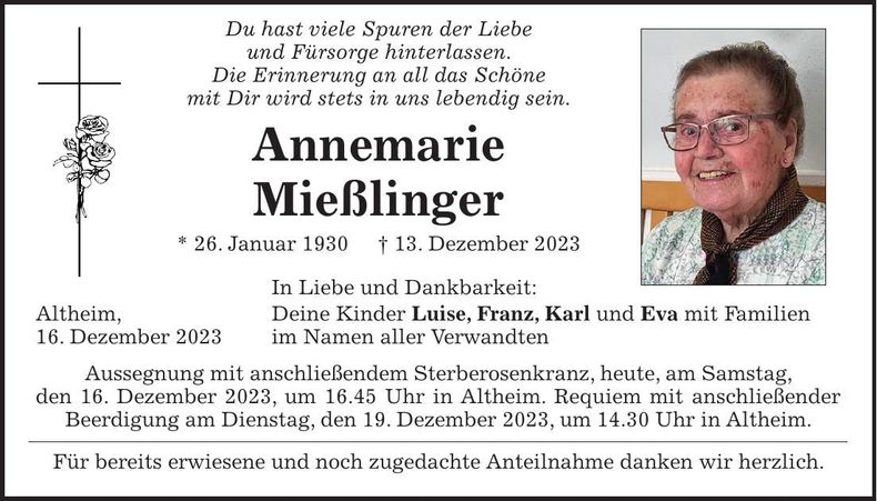 Traueranzeige Annemarie Mießlinger