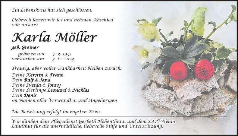 Traueranzeige Karla Möller