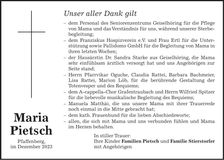 Traueranzeige Maria Pietsch