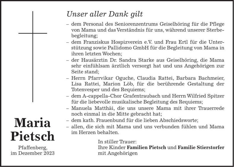Traueranzeige Maria Pietsch